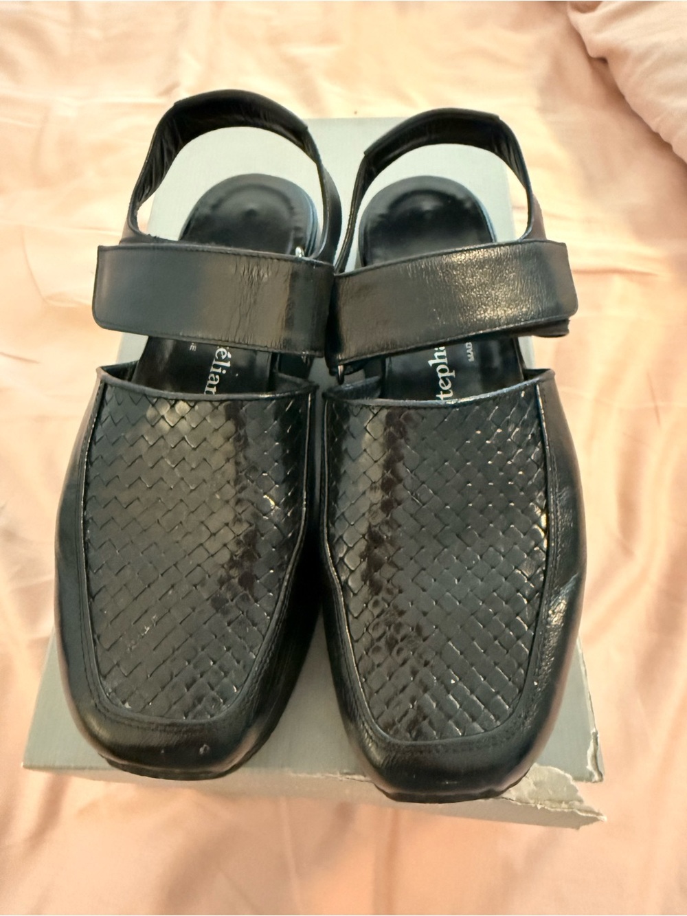 Stephane Kelian Black Woven Leather Mary Jane Slingback Shoes
